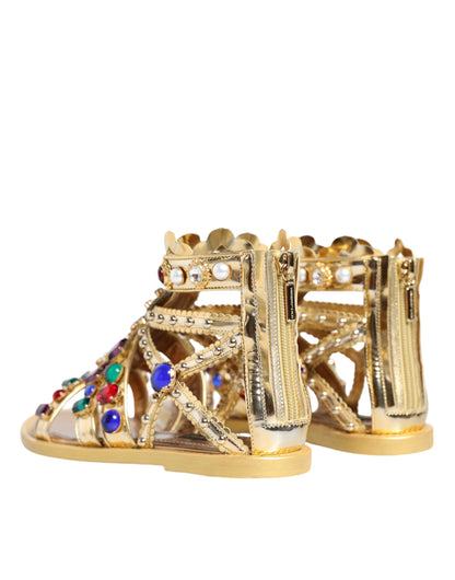  - Gold Leather Crystal Gladiator Sandals Flats Shoes