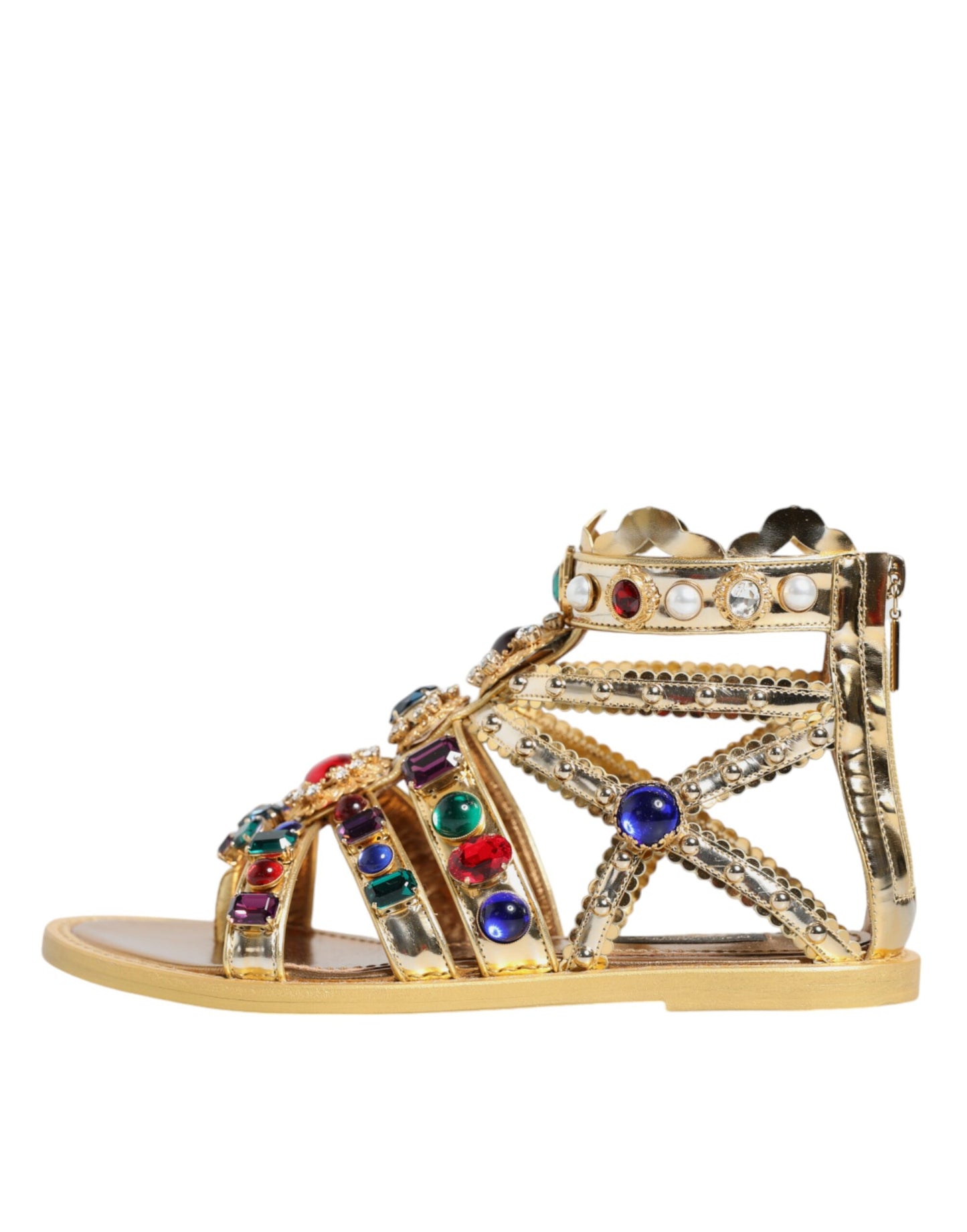  - Gold Leather Crystal Gladiator Sandals Flats Shoes