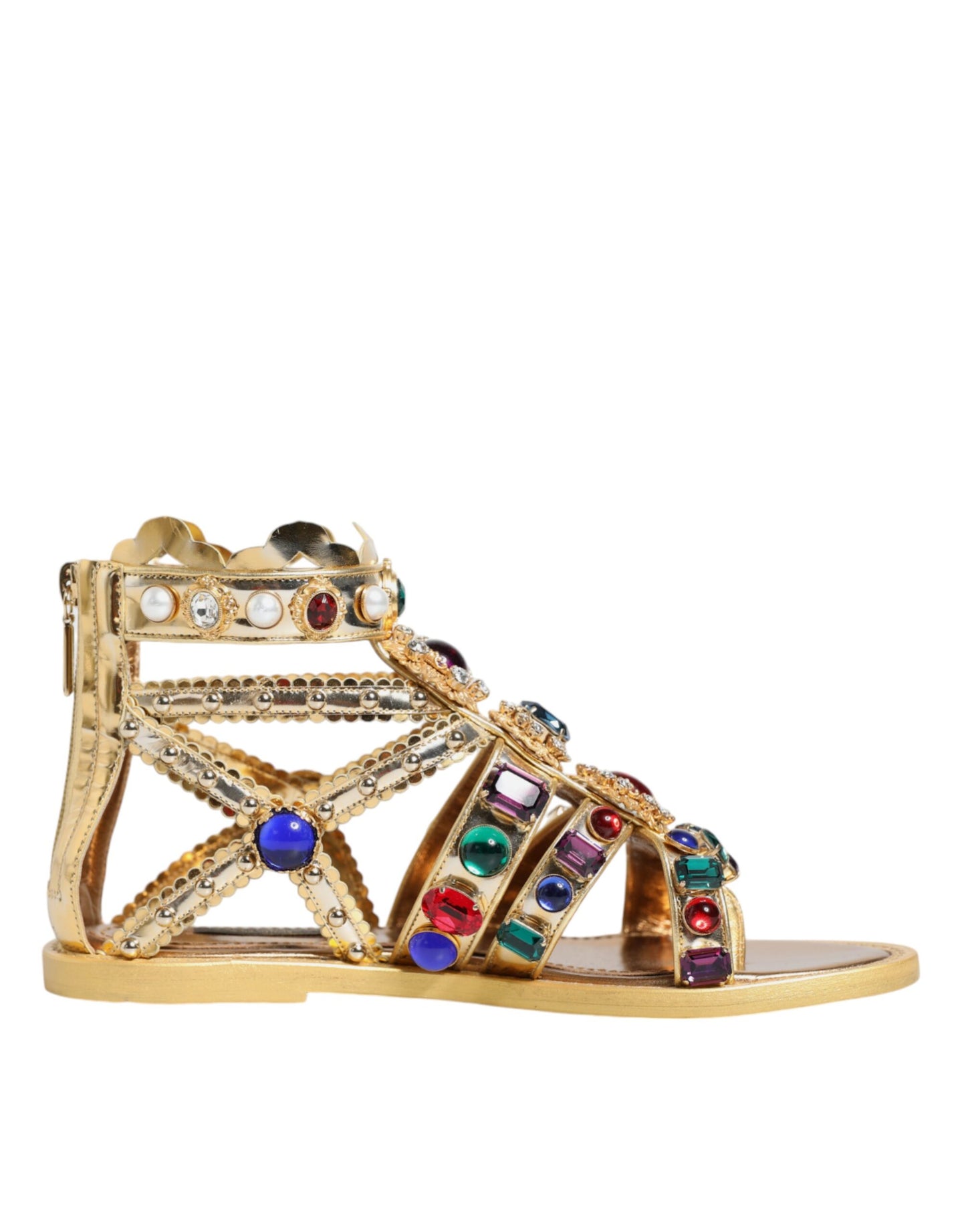  - Gold Leather Crystal Gladiator Sandals Flats Shoes