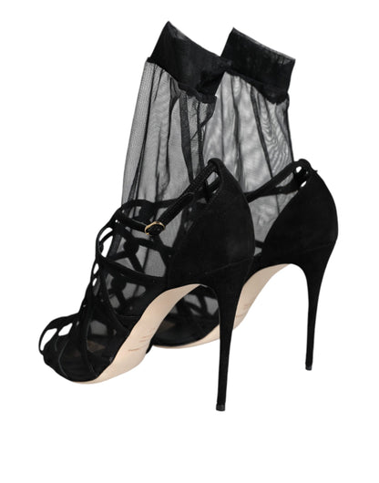 Black Tulle Stretch Heels Sandals Shoes - The Luxe Alliance