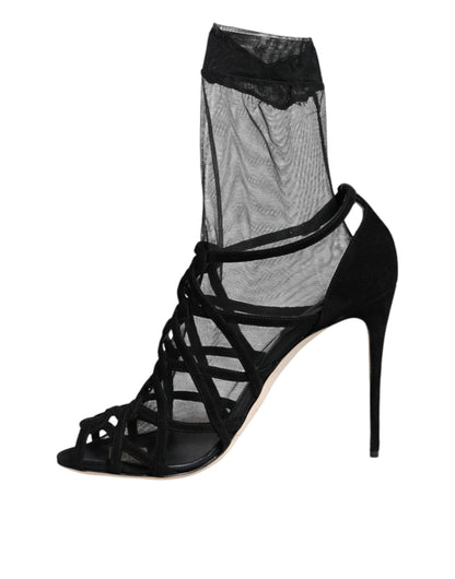 Black Tulle Stretch Heels Sandals Shoes - The Luxe Alliance