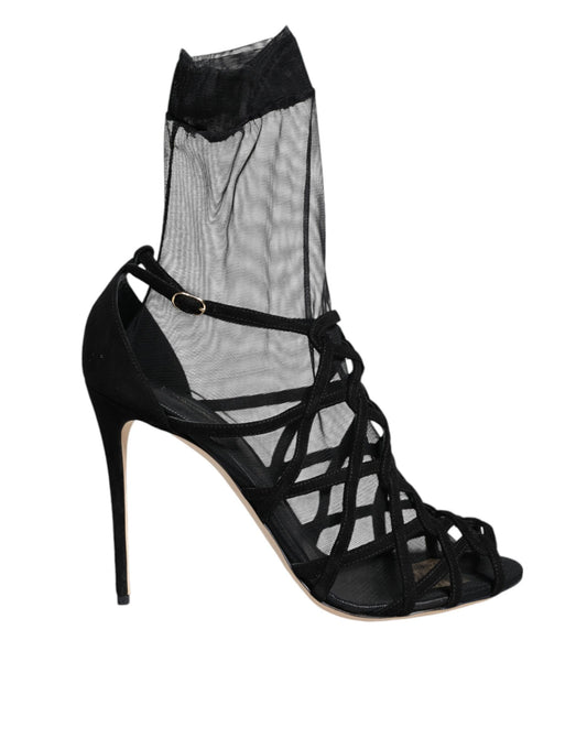 Black Tulle Stretch Heels Sandals Shoes - The Luxe Alliance