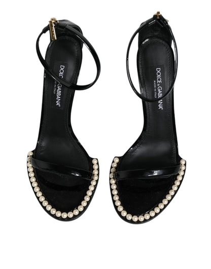 Black Keira Leather Faux Pearl Sandals Heels Shoes - The Luxe Alliance