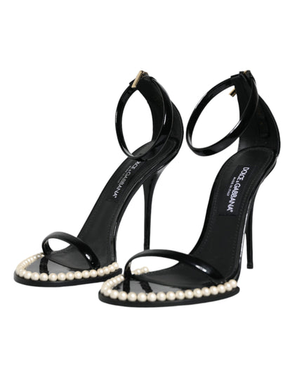 Black Keira Leather Faux Pearl Sandals Heels Shoes - The Luxe Alliance