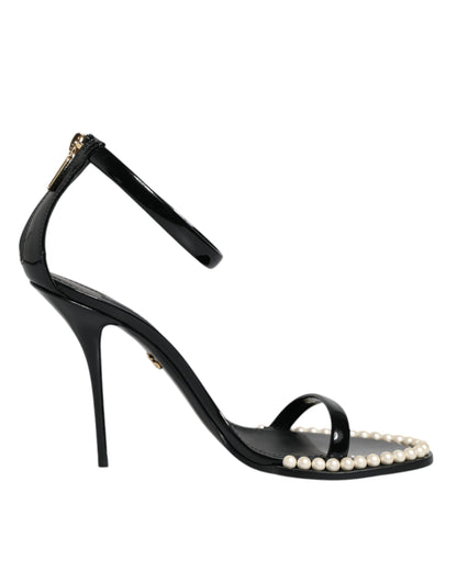 Black Keira Leather Faux Pearl Sandals Heels Shoes - The Luxe Alliance