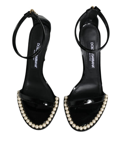 Black Keira Leather Faux Pearl Sandals Heels Shoes - The Luxe Alliance