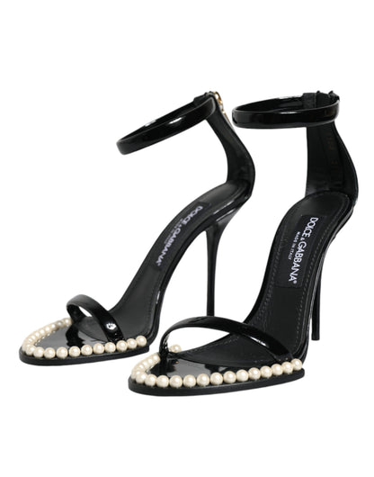 Black Keira Leather Faux Pearl Sandals Heels Shoes - The Luxe Alliance