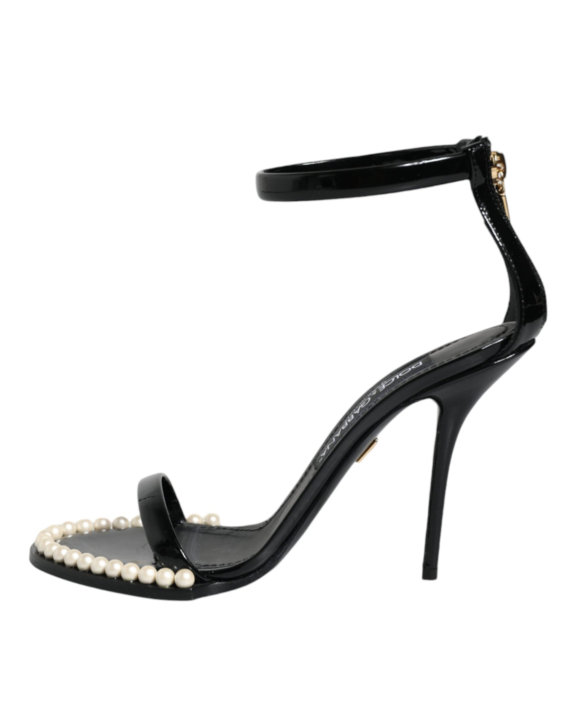 Black Keira Leather Faux Pearl Sandals Heels Shoes