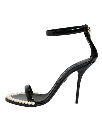 Black Keira Leather Faux Pearl Sandals Heels Shoes - The Luxe Alliance