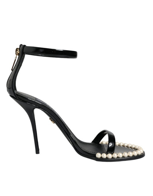 Black Keira Leather Faux Pearl Sandals Heels Shoes - The Luxe Alliance