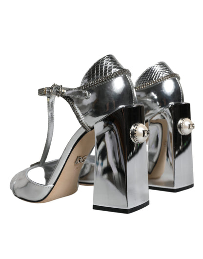 Silver Leather T-strap Heels Sandals Shoes - The Luxe Alliance