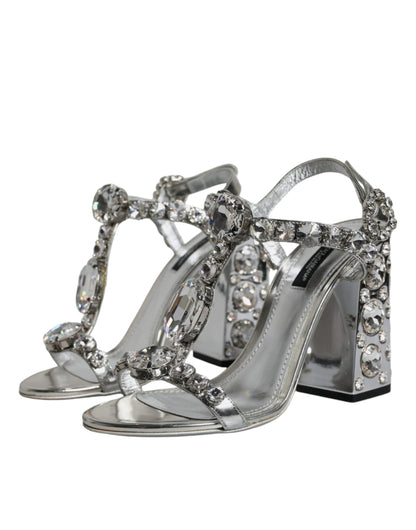 Silver Leather T-strap Crystal Sandals Shoes - The Luxe Alliance