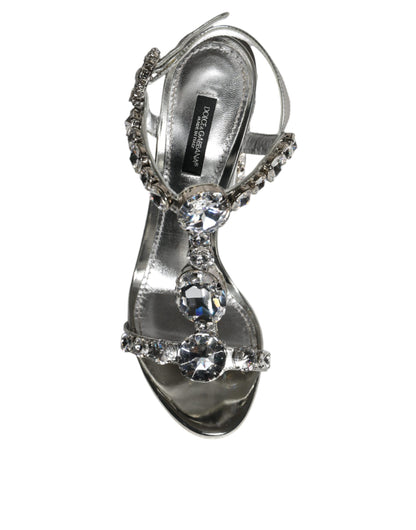 Silver Leather T-strap Crystal Sandals Shoes - The Luxe Alliance