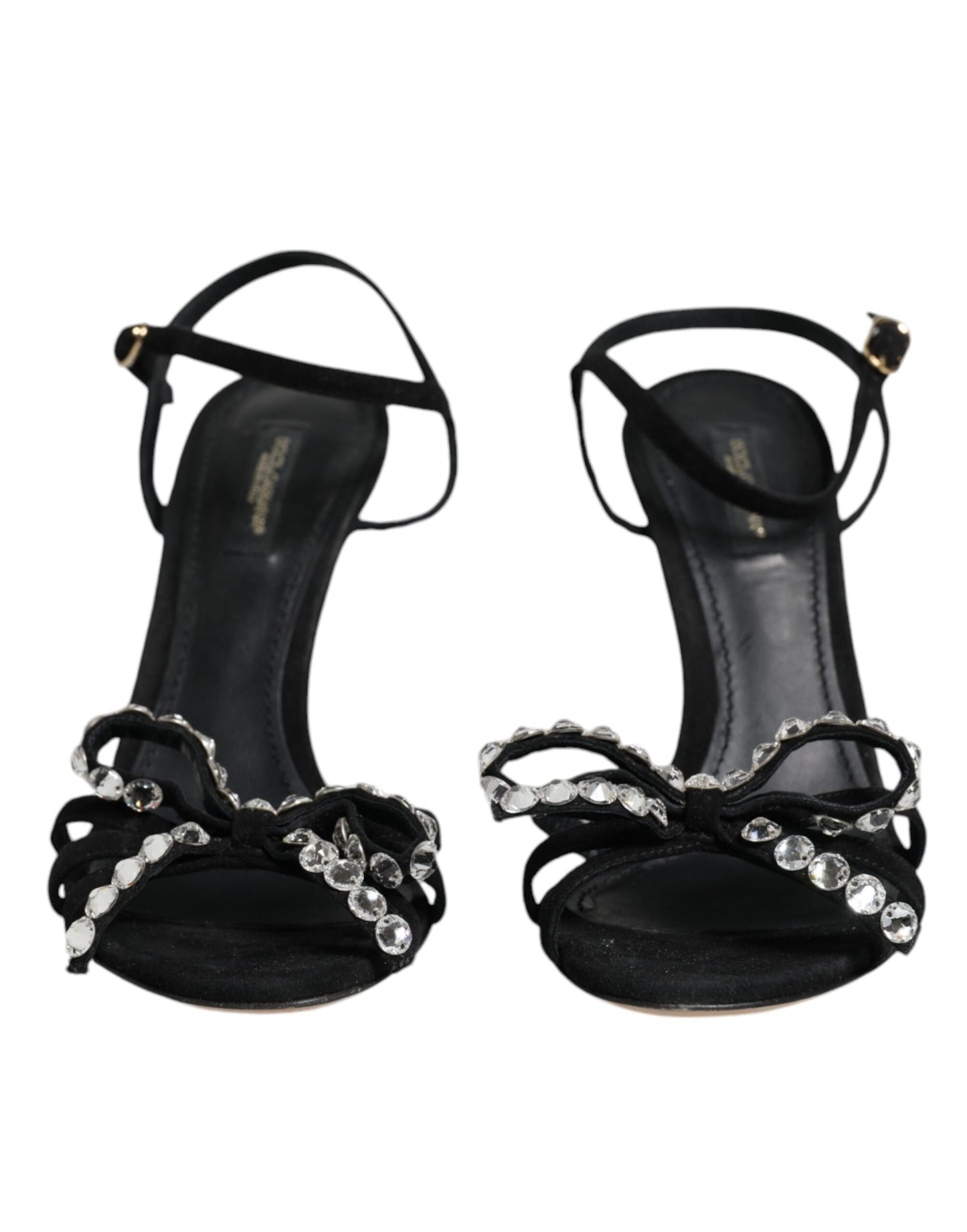 Black Leather Crystal Bow Heels Sandals Shoes - The Luxe Alliance