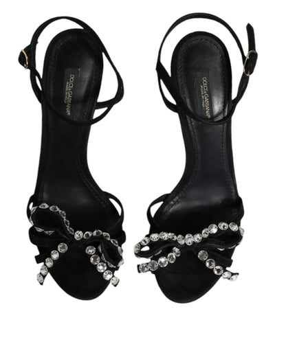 Black Leather Crystal Bow Heels Sandals Shoes - The Luxe Alliance