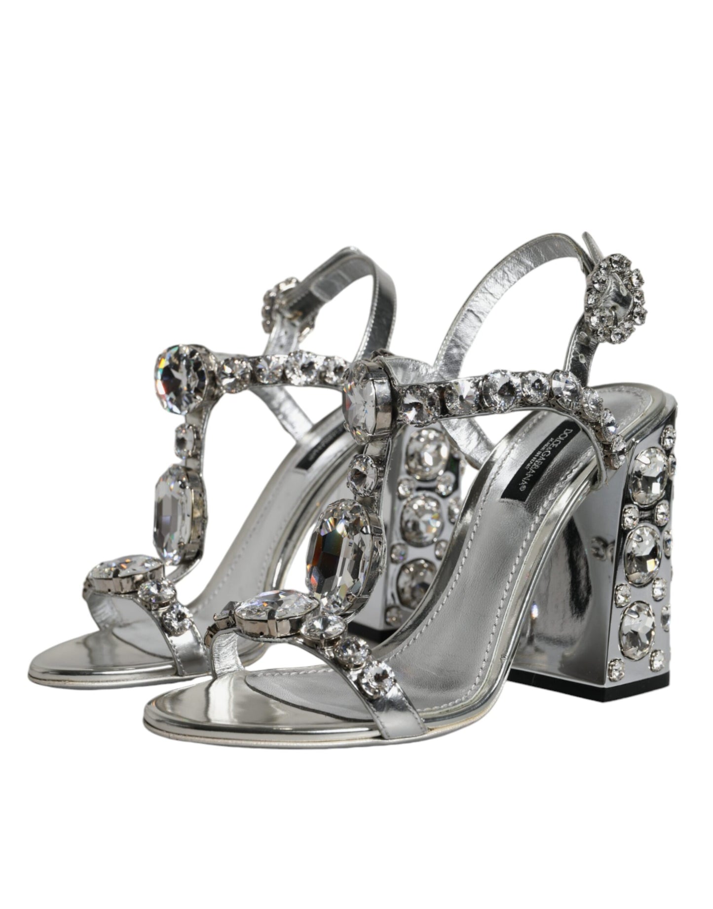 Silver Leather T-strap Crystal Sandals Shoes - The Luxe Alliance