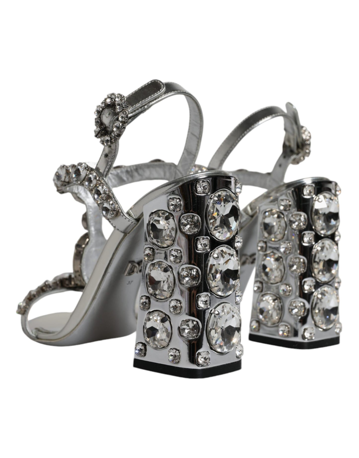 Silver Leather T-strap Crystal Sandals Shoes - The Luxe Alliance