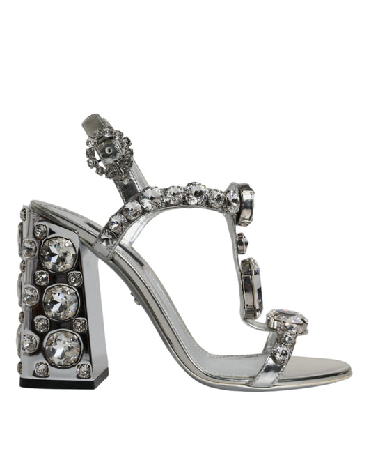 Silver Leather T-strap Crystal Sandals Shoes - The Luxe Alliance