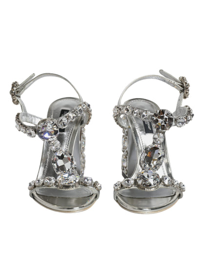 Silver Leather T-strap Crystal Sandals Shoes - The Luxe Alliance