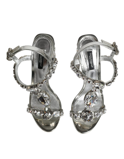 Silver Leather T-strap Crystal Sandals Shoes - The Luxe Alliance