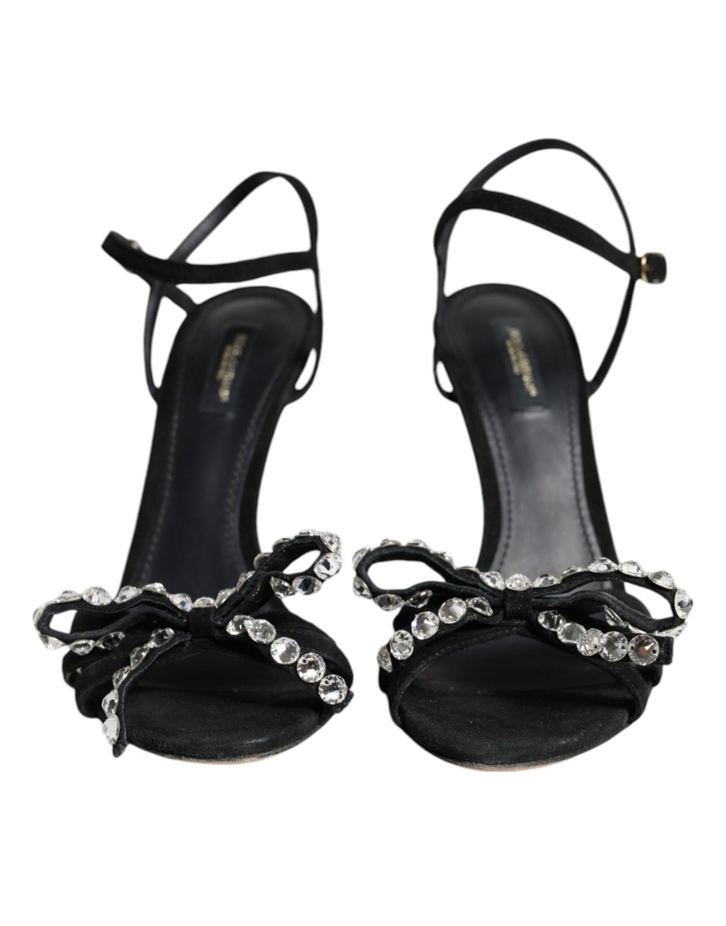 Black Leather Crystal Bow Heels Sandals Shoes - The Luxe Alliance