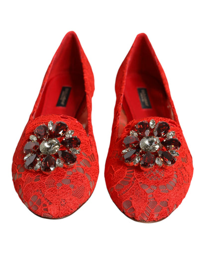 Red Lace Crystal Ballet Flats Loafers Shoes - The Luxe Alliance