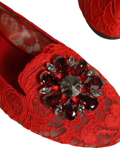 Red Lace Crystal Ballet Flats Loafers Shoes - The Luxe Alliance