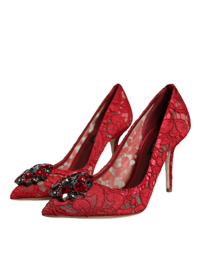 Red Taormina Lace Crystal Heels Pumps Shoes - The Luxe Alliance