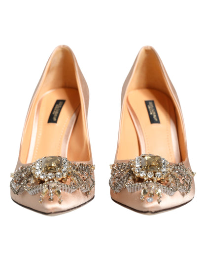 Beige Satin Crystal High Heels Pumps Shoes - The Luxe Alliance