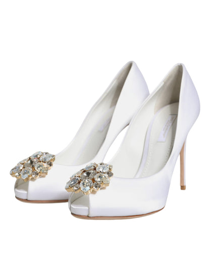 White Crystals Peep Toe Satin Pumps Shoes - The Luxe Alliance