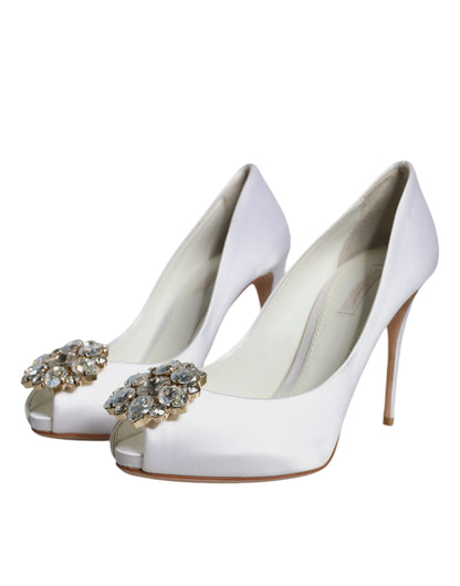 White Crystals Peep Toe Satin Pumps Shoes - The Luxe Alliance