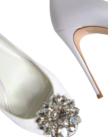 White Crystals Peep Toe Satin Pumps Shoes - The Luxe Alliance