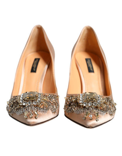 Beige Satin Crystal High Heels Pumps Shoes - The Luxe Alliance