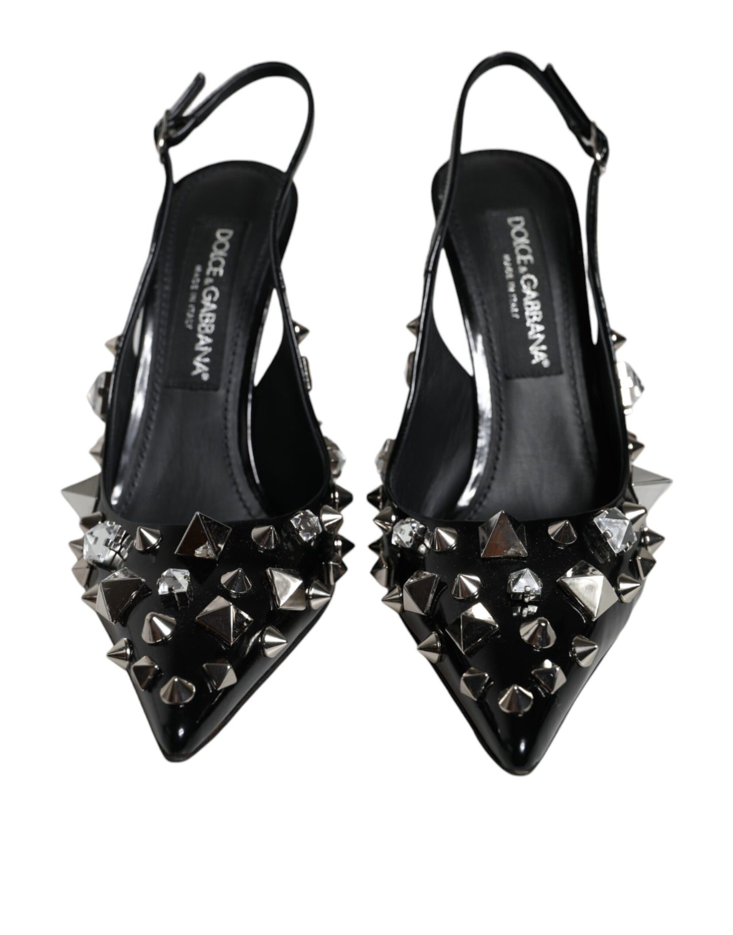 Black Leather Crystal Stud Slingback Shoes - The Luxe Alliance