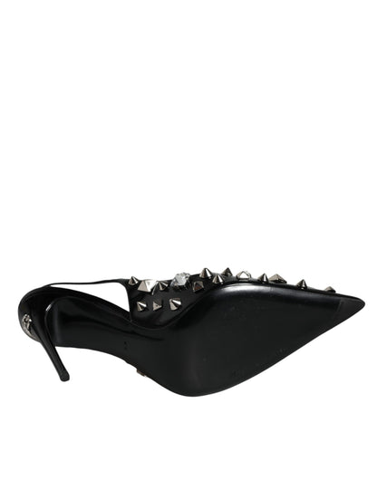 Black Leather Crystal Stud Slingback Shoes - The Luxe Alliance