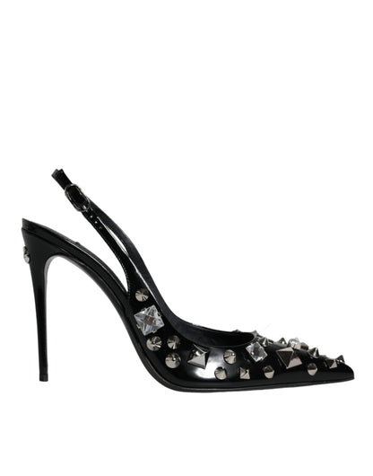 Black Leather Crystal Stud Slingback Shoes - The Luxe Alliance