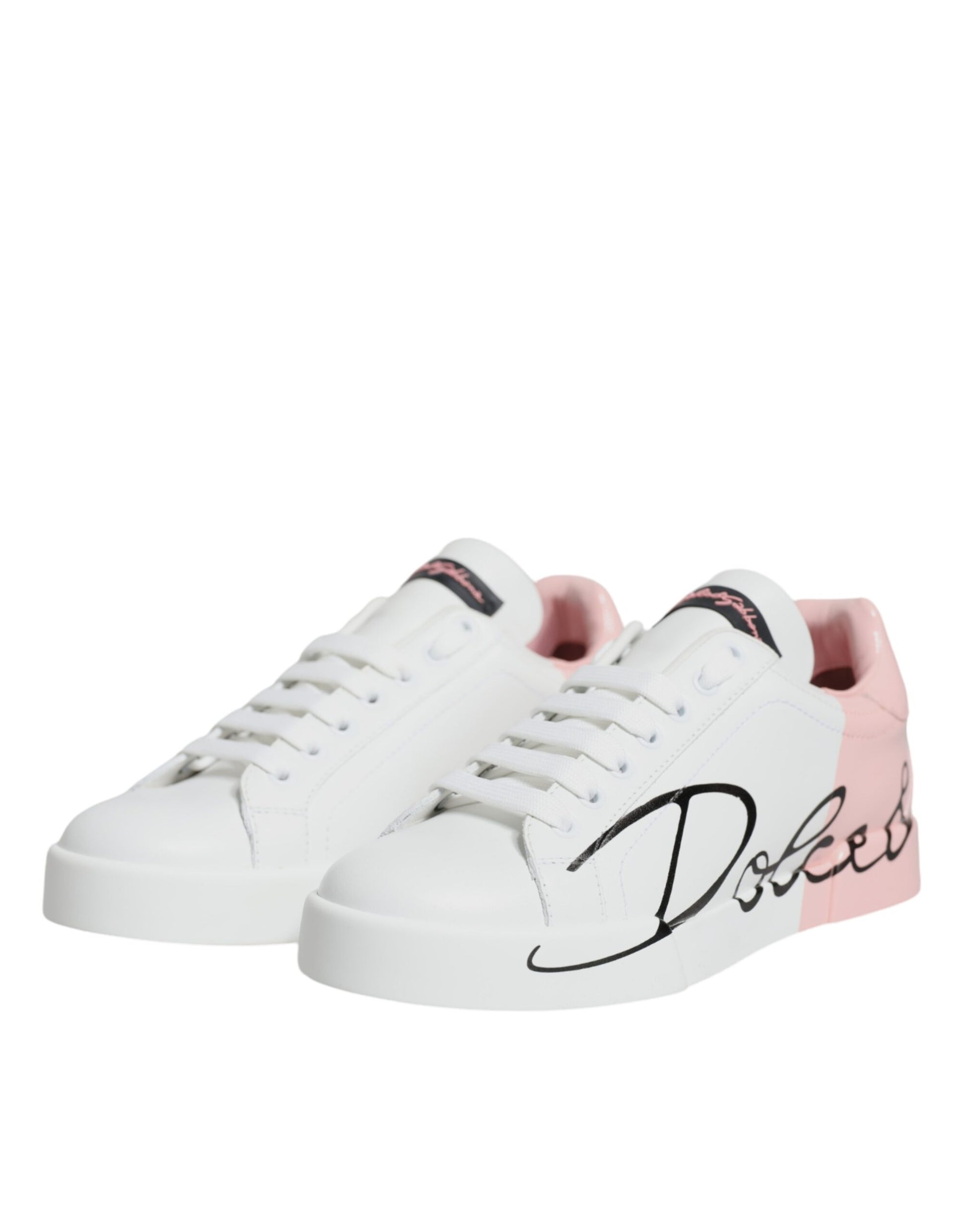 Dolce & Gabbana Women's White & Pink Portofino Sneakers – Luxury Calf Leather