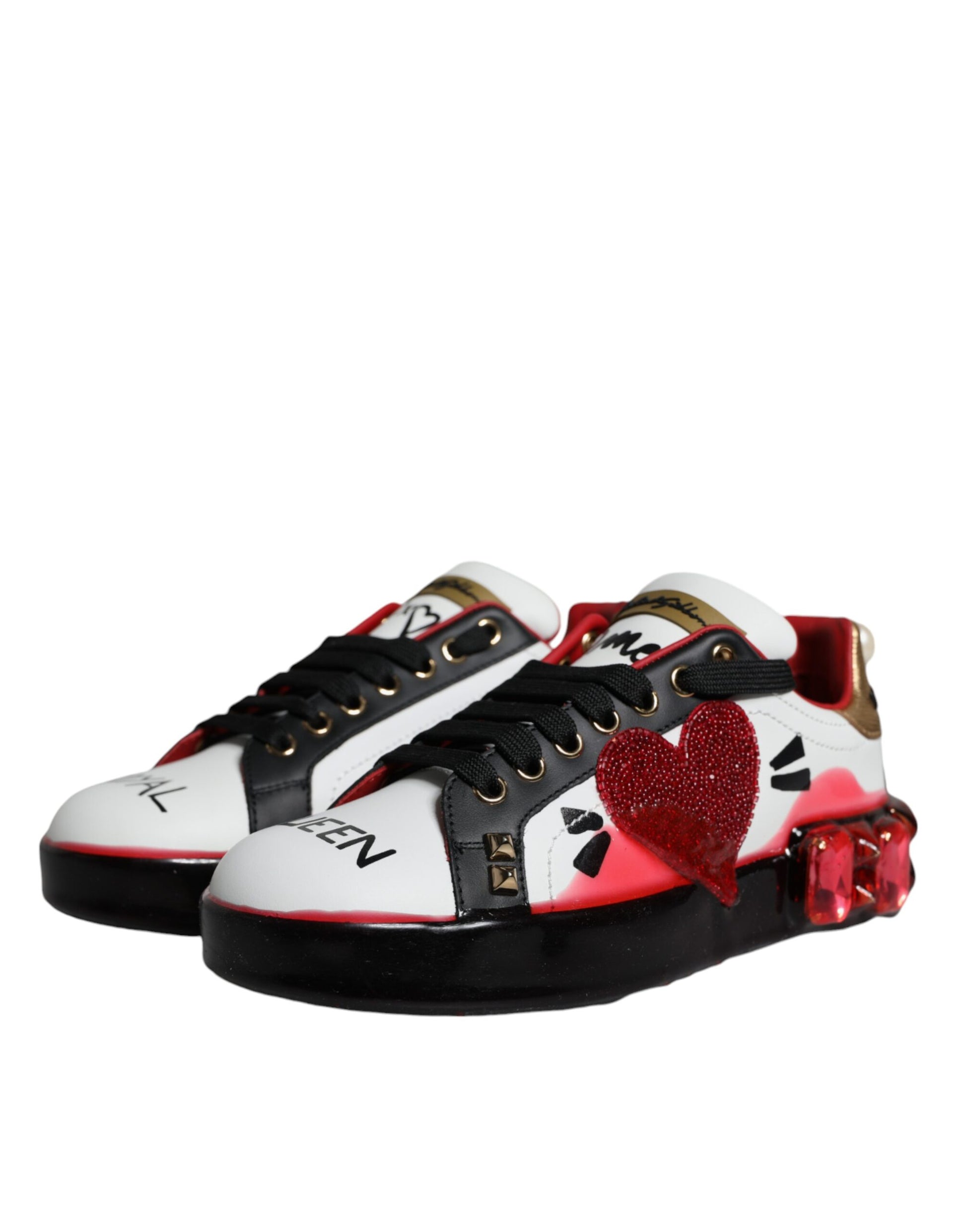 Dolce & Gabbana White Red Crystals Leather Portofino Sneakers