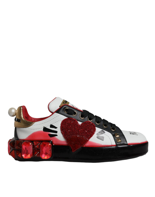 Dolce & Gabbana White Red Crystals Leather Portofino Sneakers