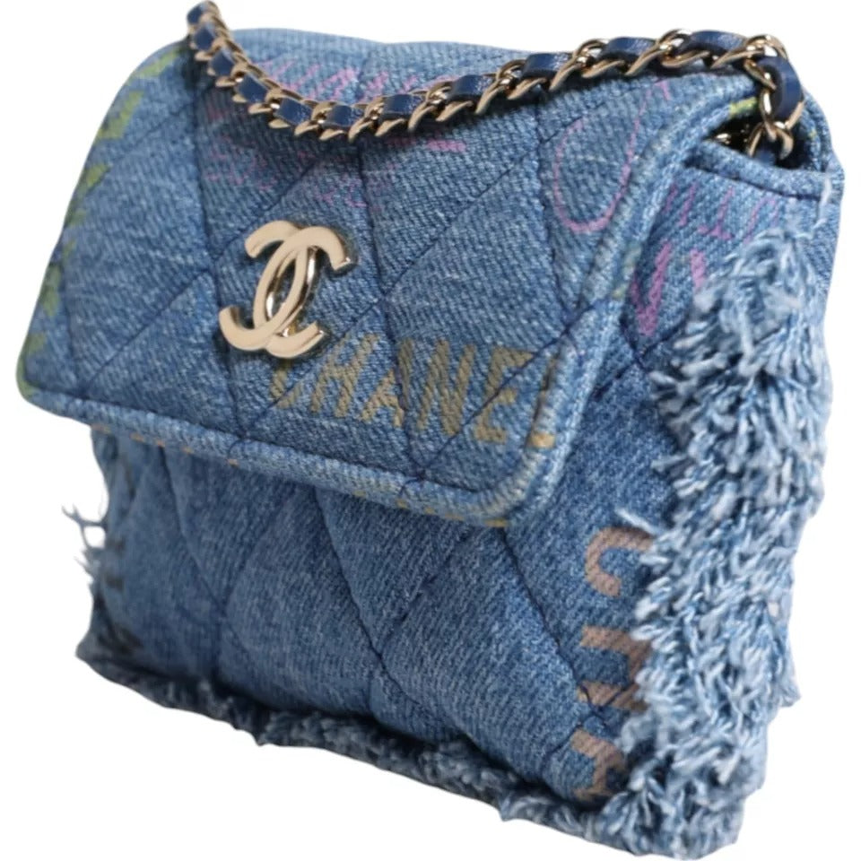  - Denim Mood Flap Micro Logo Printed Fringed Shoulder Bag