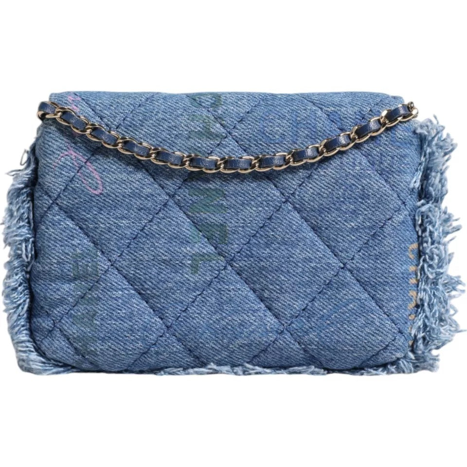  - Denim Mood Flap Micro Logo Printed Fringed Shoulder Bag