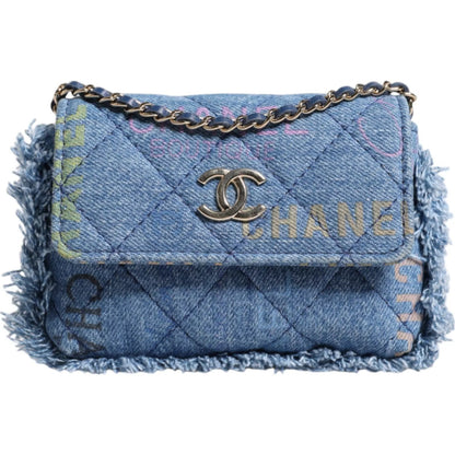  - Denim Mood Flap Micro Logo Printed Fringed Shoulder Bag