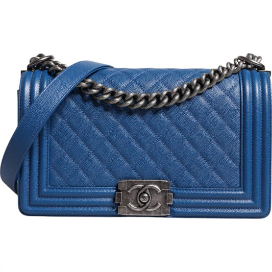  - Blue Lambskin Double Chain Leather Medium Shoulder Bag