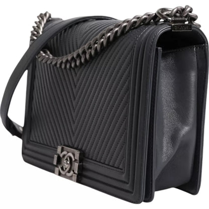  - Gray Large Lambskin Chevron Double Chain Shoulder Silver Leather Bag