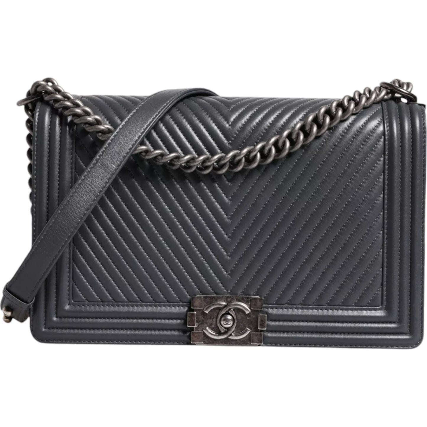  - Gray Large Lambskin Chevron Double Chain Shoulder Silver Leather Bag