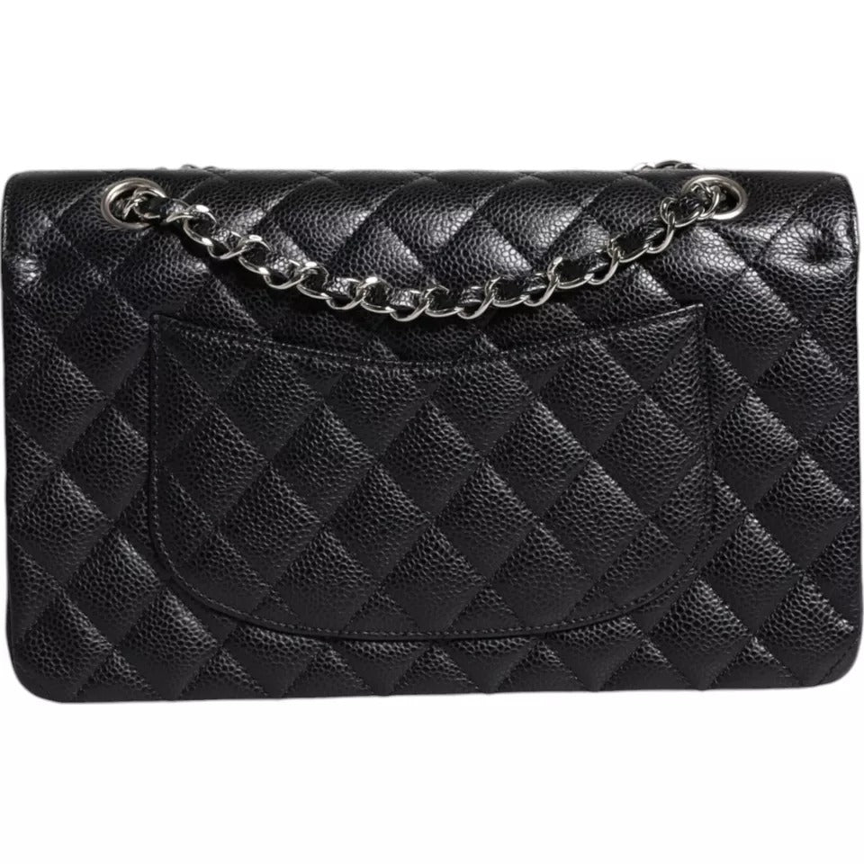  - Black Caviar Medium Classic Double Flap Shoulder Quilted Silver Bag