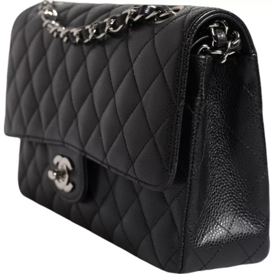  - Black Caviar Medium Classic Double Flap Shoulder Quilted Silver Bag