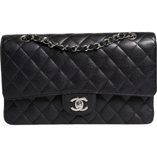  - Black Caviar Medium Classic Double Flap Shoulder Quilted Silver Bag