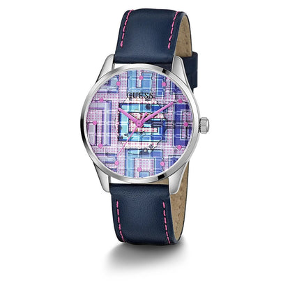 Guess Women's Watch, Multicoloured Dial, Blue Leather Strap
