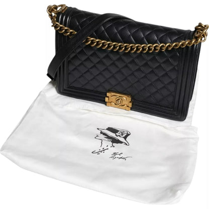  - Black Large Lambskin Double Chain Gold Leather Shoulder Bag